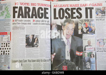 London, UK 24 June 2016 - Inside coverage in Daily Mirror.  British newspaper front pages coverage on the day after the EU Referendum voting. Credit:  Dinendra Haria/Alamy Live News Stock Photo