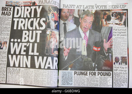 London, UK 24 June 2016 - Inside coverage in The Sun. British newspaper front pages coverage on the day after the EU Referendum voting. Credit:  Dinendra Haria/Alamy Live News Stock Photo