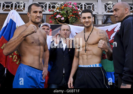 Boxing - WBO Light Heavyweight Title - Nathan Cleverly v Sergey Kovalev - Weigh In - Cardiff. WBO World Light-Heavyweight Champion Nathan Cleverly, right, and Russian Sergey Kovalev during the weigh in in Queen Street. Stock Photo