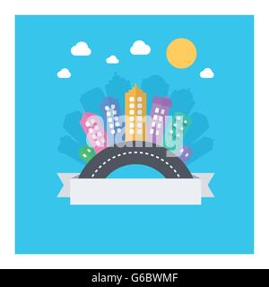 Vector design of modern cityscape with text area. Illustration with modern flat icons: road, buildings, sky. Stock Vector