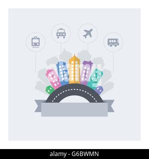 Smart city. Vector design of modern smart cityscape with text area and urban transport icons. Stock Vector