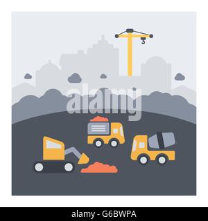 Urban landscape of urban construction work. Flat icons, dust and vehicles in action. Stock Vector