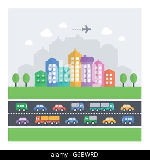 Vector illustration of chaotic cityscape. Flat modern icons of vehicles, buildings and homes. Stock Vector