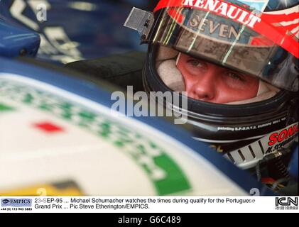 23-SEP-95, Michael Schumacher watches the times during qualify for the Portuguese Grand Prix Stock Photo