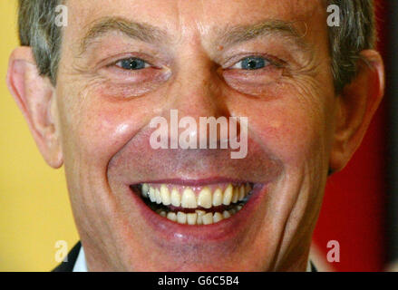 British Prime Minister, Tony Blair, during a news conference at 10 Downing Street in London. Blair made his address during a joint news conference with Australian Prime Minister, John Howard who is in the UK for a three-day visit. Stock Photo