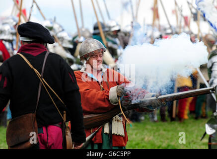 Soldiers re-enact the battle of Tewkesbury during the 528th Battle of Bosworth anniversary at Bosworth Battlefield Heritage Centre and Country Park in Leicestershire. Stock Photo