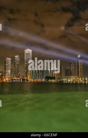 View of new skyline of Dubai at Business Bay with Burj Khalifa tower in United Arab Emirates UAE Middle East Stock Photo