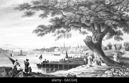 EARLY 1800s SKYLINE PEOPLE STROLLING ALONG WATERFRONT OF PHILADELPHIA PA USA Stock Photo