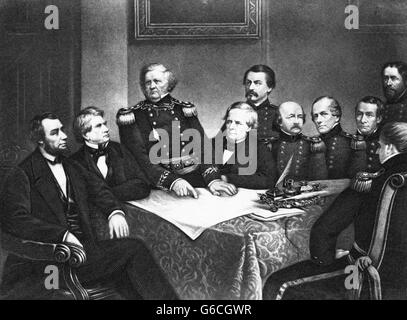 1860s 1861 PRESIDENT ABRAHAM LINCOLN AND HIS FIRST COUNCIL OF WAR OFFICERS AND CABINET Stock Photo