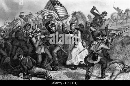 1860s A WOMAN IN BATTLE DURING CIVIL WAR KNOWN AS MICHIGAN BRIDGET HERE CARRYING A FLAG WAS THE WIFE OF A SOLDIER Stock Photo