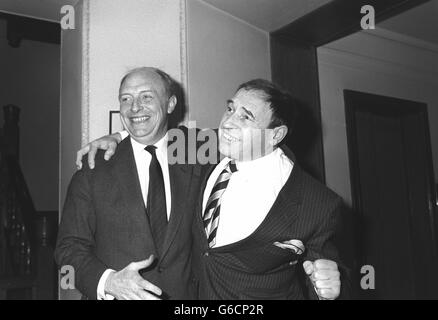 Labour Party leader Neil Kinnock (left) is welcomed to London's Brewers Hall by the BBC's Cliff Morgan on his retirement as head of outside sports broadcasts. The Labour leader joined joined top sporting personalities in paying tribute to the respected TV executive for his outstanding contribution to sport. Archive-pa222491-1 Stock Photo