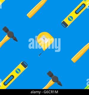vector colored flat design house remodel instruments tools measuring level, hammer and building roulette decorative seamless pat Stock Vector