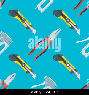 vector colored flat design house remodel instruments tools construction knife, pliers and staple gun decorative seamless pattern Stock Vector