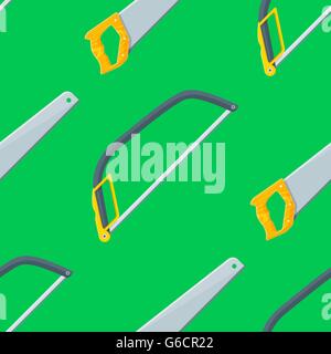 vector colored flat design house remodel instruments tools hacksaw and bowsaw decorative seamless pattern isolated green backgro Stock Vector