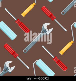 vector colored flat design house remodel tools screwdriver, paint roller and adjustable wrench decorative seamless pattern isola Stock Vector