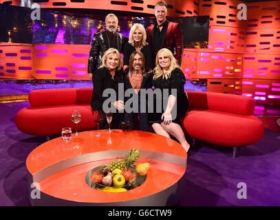 (back row left to right) Graham Norton, Joanna Lumley and Josh Homme with (front row left to right) Jennifer Saunders, Iggy Pop and Rebel Wilson during the filming of the Graham Norton Show, at The London Studios, south London, to be aired on BBC One on Friday evening. Stock Photo