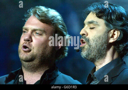 Bryn Terfel and Andrea Bocelli perform on stage at the Royal Albert Hall, in London, during the Classical BRIT Awards 2003. Stock Photo