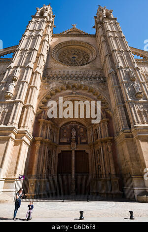 Vertical view of the main portal on the south side of Palma Cathedral, Majorca. Stock Photo