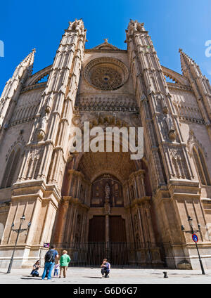 Vertical (2 picture stitch) view of the main portal on the south side of Palma Cathedral, Majorca. Stock Photo