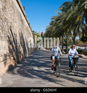 Square view of people cycling along the Passeig de Sagrera in Palma, Majorca. Stock Photo