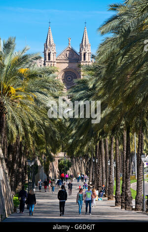 Vertical view of people walking along the Passeig de Sagrera in Palma, Majorca. Stock Photo