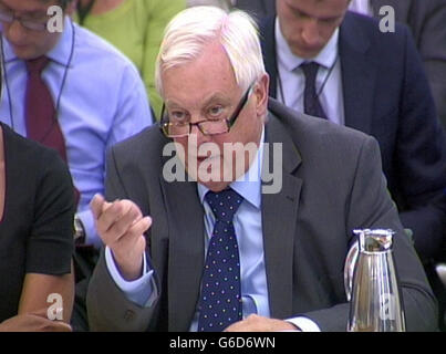 Lord Patten, Chairman, BBC Trust, speaks to the Commons Public Accounts Committee at Portcullis House London. Stock Photo