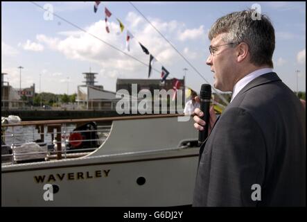 The world's last sea-going paddle steamer, The Waverley, retraces her maiden voyage of June 1947 after the completion of the Heritage Lottery Fund supported 7million restoration scheme. Pictured is Scottish Minister for Tourism Frank MacAveety presiding over the re-launch in Glasgow. Stock Photo