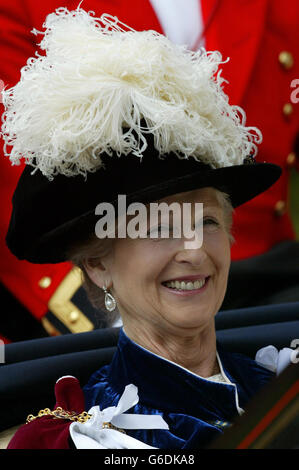 Britain's Princess Alexandra, arrives at St George's Chapel, Windsor Castle, Berkshire. The Queen attended the annual Order of the Garter procession where new knights take their royal oath and are invested in the insignia. *..The highest order of chivalry in Britain, the Most Noble Order of the Garter was founded by Edward III in 1348 and is limited to 25 companion knights and the Sovereign - The Queen. Stock Photo