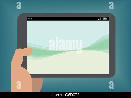 Hand holding tablet as vector illustration with simple wallpaper Stock Vector