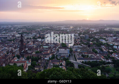 View from the Schlossberg to the old town with the cathedral to the Vosges on the horizon, Freiburg im Breisgau, Germany, Baden- Stock Photo