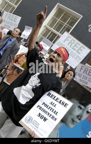 Protestors demonstrate in response to the arrest of Burmese opposition leader Aung San Suu Kyi, at the Burmese Embassy, London. * Burma's military leaders denied reports that Aung San Suu Kyi was hurt in a clash between her supporters and pro-junta protesters, but refused to disclose her whereabouts. Deputy Foreign Minister Khin Maung Win told diplomats at a closed door briefing that the Nobel Peace Prize laureate had been taken to a secure place, but he would not give any more details. Stock Photo