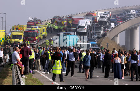 A general view of the scene on the London bound carriageway of the Sheppey Bridge Crossing near Sheerness in Kent following a multi vehicle collision earlier this morning. Stock Photo