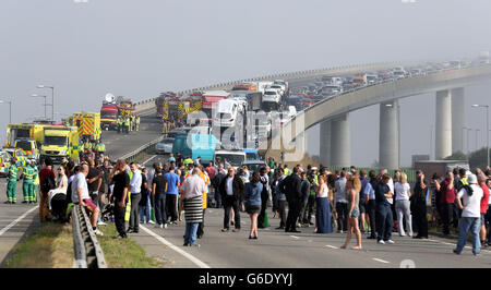 A general view of the scene on the London bound carriageway of the Sheppey Bridge Crossing near Sheerness in Kent following a multi vehicle collision earlier this morning. Stock Photo