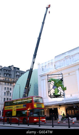 A 1.5 ton, seven foot wide, 15 foot tall statue of 'The Hulk' being lifted by a crane into Madame Tussaud's in London through the roof as it would not fit through the doors. * The Hulk will form the centrepiece of a new interacticve experience at Madame Tussauds which will open 3 July 2003 and ties in with the UK release of the film. Stock Photo