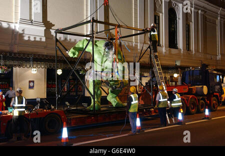 A 1.5 ton, seven foot wide, 15 foot tall statue of 'The Hulk' about to be lifted by a crane into Madame Tussaud's in London through the roof as it would not fit through the doors. * The Hulk will form the centrepiece of a new interactive experience at Madame Tussauds which will open 3 July 2003 and ties in with the UK release of the film. Stock Photo