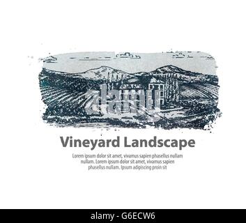Vineyard landscape. Hand drawn sketch farm, agriculture, harvest, winery Stock Vector