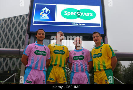 Rugby league referees (L-R) Tim Roby, Thierry Alibert, Phil Bentham and Ben Thaler during a Specsavers photocall at MediaCity, Manchester. Stock Photo