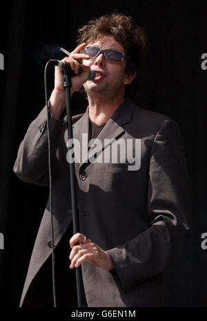 Lead singer of Echo & The Bunnymen, Ian McCulloch, performing on the V Stage, during the V2003 music festival in Chelmsford, Essex. Stock Photo