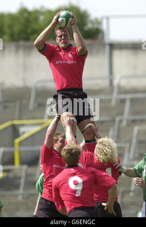 Gareth Llewellyn wins a line out for Wales in the first half of in the rugby friendly International between Ireland and Wales, during the international friendly match at Lansdowne Road, Dublin. Stock Photo