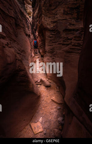 Woman exploring little wild horse canyon soft afternoon light Stock Photo