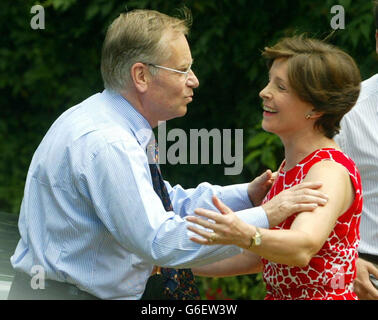 Disgraced Tory peer Lord Archer is greeted by his wife, Lady Archer, at their home at Grantchester, near Cambridge, following his release from Hollesley Bay open prison in Suffolk, after serving two years and two days of his four-year jail term. Archer, *..63 - the former deputy chairman of the Conservative Party - had been sentenced to four years for perjury and perverting the course of justice. Stock Photo
