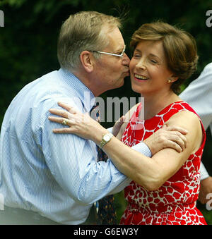 Disgraced Tory peer Lord Archer is greeted by his wife, Lady Archer, at their home at Grantchester, near Cambridge, following his release from Hollesley Bay open prison in Suffolk, after serving two years and two days of his four-year jail term. Archer, *..63 - the former deputy chairman of the Conservative Party - had been sentenced to four years for perjury and perverting the course of justice. Stock Photo