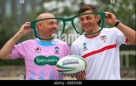 Rugby league referee Phil Bentham (left) and England's Jon Wilkin, during a Specsavers photocall at MediaCity, Manchester. Stock Photo