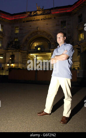 Commuter Ron Edwards, 43, a business development manager outside Waterloo Station in central London. Mr Edwards was one of the rail commuters who suffered the journey from hell in sweltering temperatures when it took them an amazing nine hours to travel 70 miles. One hundred passengers, including a pregnant woman and elderly people, were left in baking carriages of a host of trains trying to get to London Waterloo after a series of accidents and delays. The initial hold-up on the line was because a 29-year-old rail worker died after slipping and falling on to a live line at Basingstoke Stock Photo