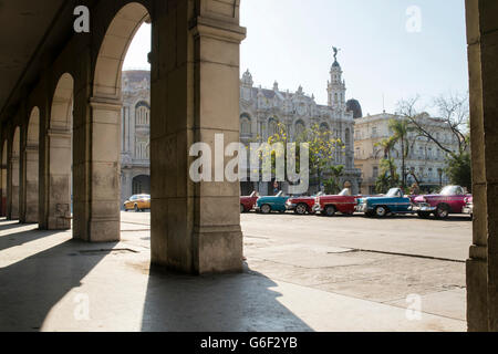 A row of classic convertibles for hire in Havana, Cuba Stock Photo