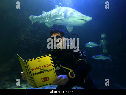 Diver Lewis Jepson reads a book in the shark tank at Deep Sea World, North Queensferry as Book Week Scotland is launched.