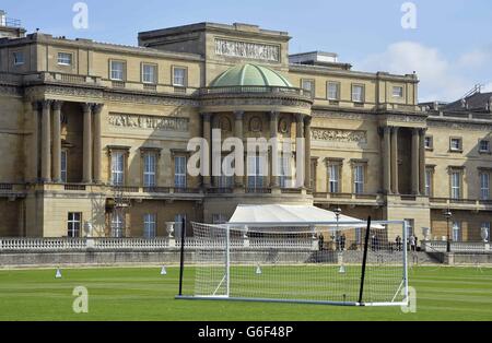 A general view of the football pitch prior to the match between Civil Service FC and Polytechnic FC in Buckingham Palace's garden, central London. Stock Photo