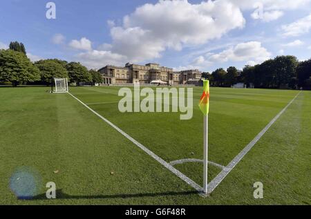 A general view of the football pitch prior to the match between Civil Service FC and Polytechnic FC in Buckingham Palace's garden, central London. Stock Photo