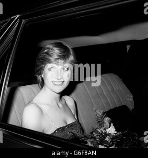 A smiling Lady Diana Spencer at the Royal Academy of Arts, Burlington House, Piccadilly, London, when she and her fiance, the Prince of Wales, attended a soiree. Stock Photo