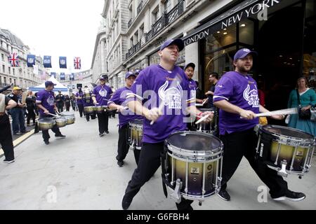 The Vikings drum line at the NFL on Regent Street - a traffic free event in central London, ahead of the Minnesota Vikings and Pittsburgh Steelers game at Wembley on Sunday September 29. Stock Photo